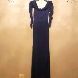 Dark navy blue off the shoulder  evening gown.
